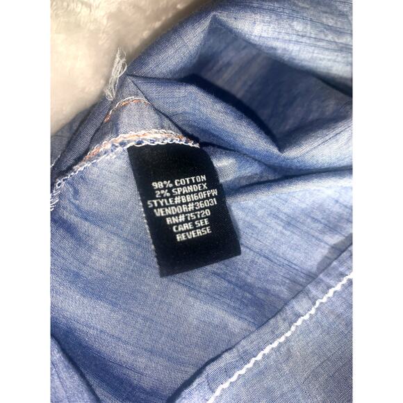 The Buckle Black Blue Denim Long Sleeve Pearl Snap Shirt Embroidered Lt Weight L - Picture 7 of 7